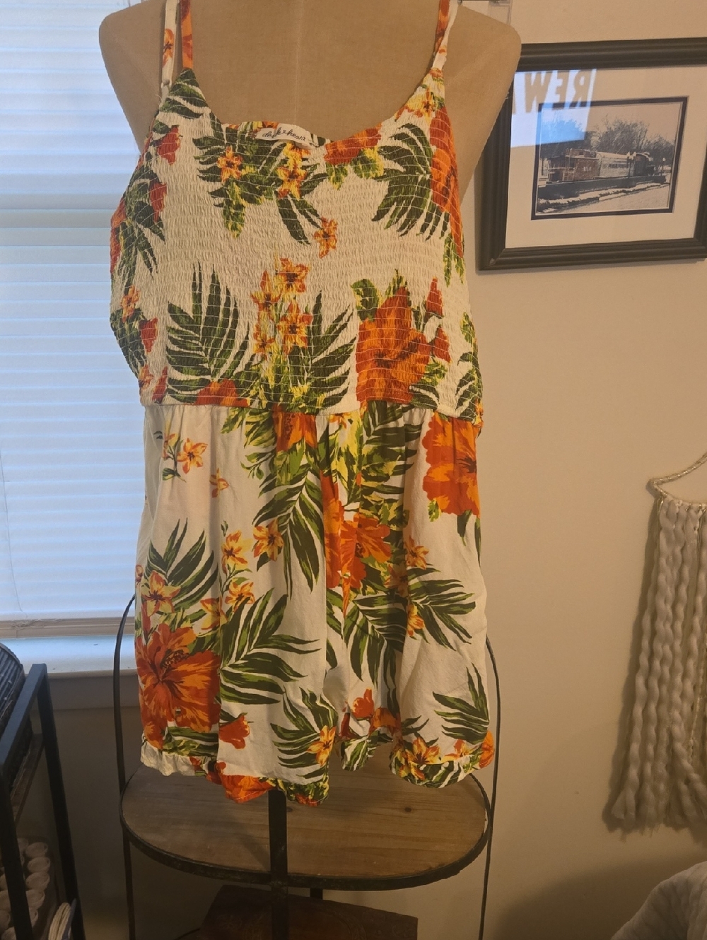 Derek Heart White Floral Tropical Romper with Orange & Green Print